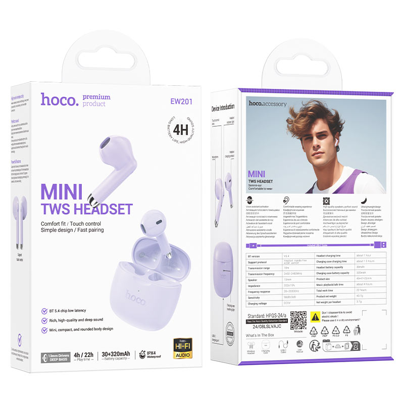 hoco ew201 graceful tws bt headset packaging taro purple