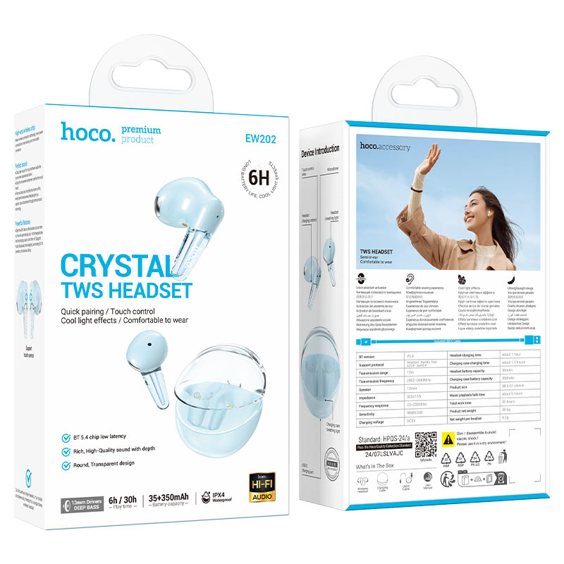 hoco ew202 magic tws bt headset packaging blue