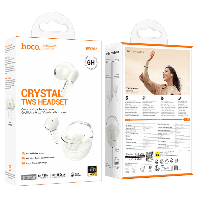 hoco ew202 magic tws bt headset packaging milky white