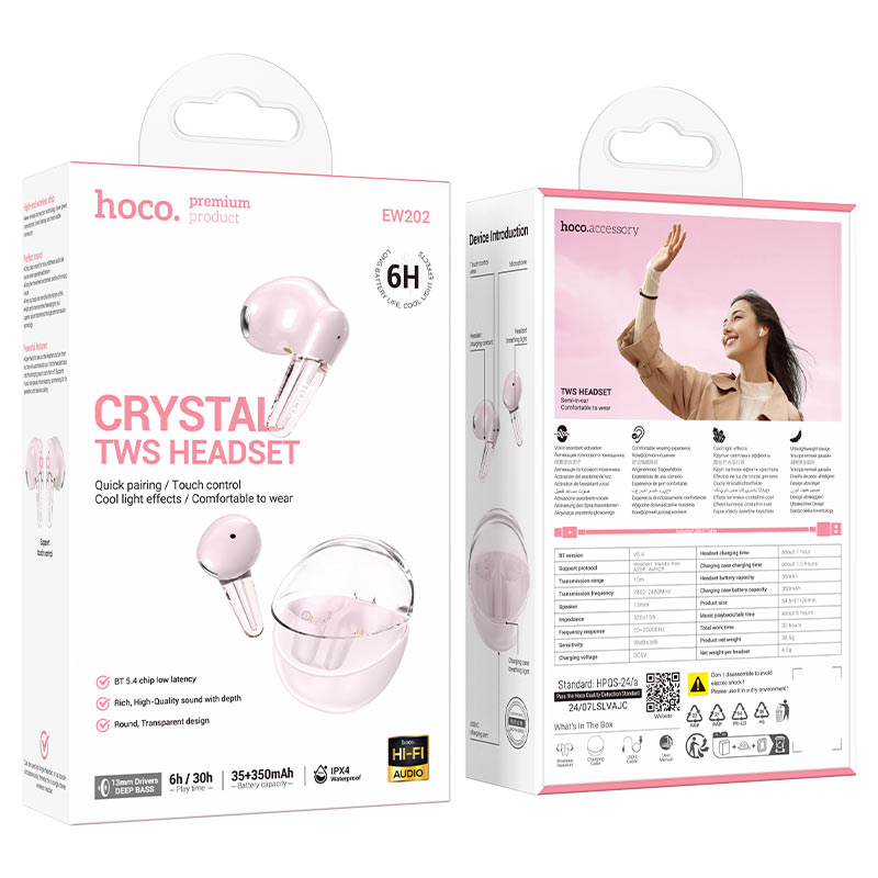 hoco ew202 magic tws bt headset packaging pink