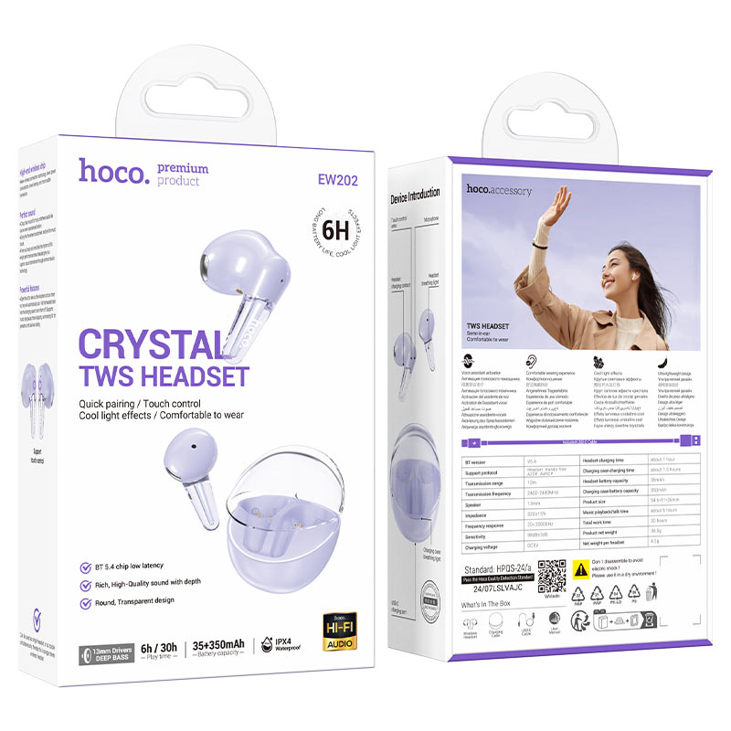 hoco ew202 magic tws bt headset packaging purple