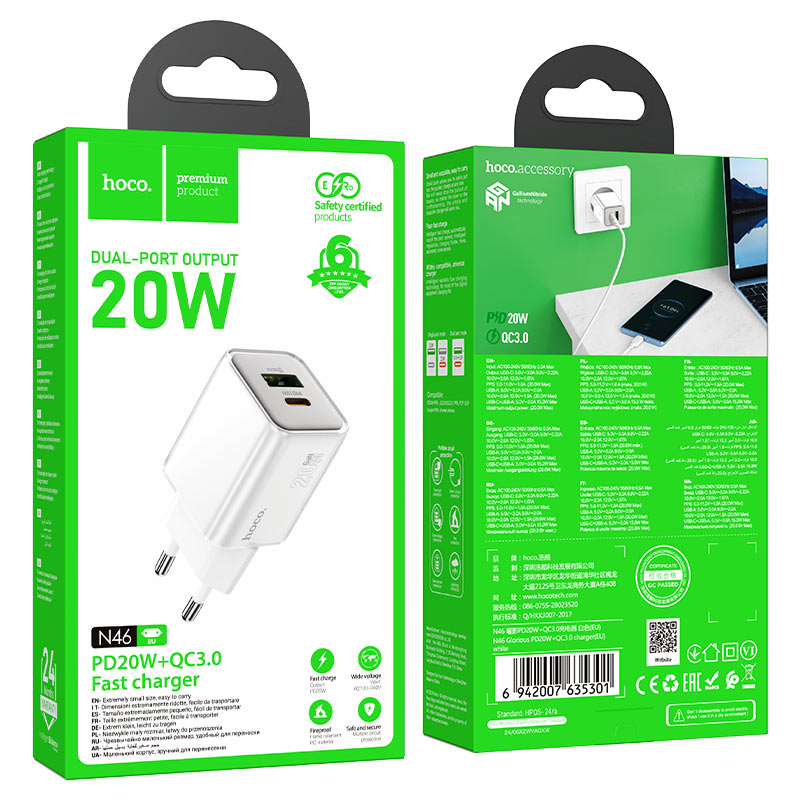 hoco n46 glorious pd20w qc3 wall charger eu packaging white