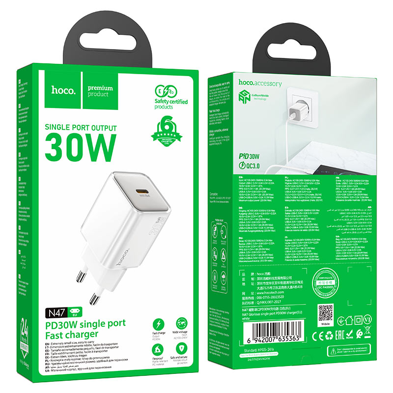 hoco n47 glorious 1port pd30w wall charger eu packaging white