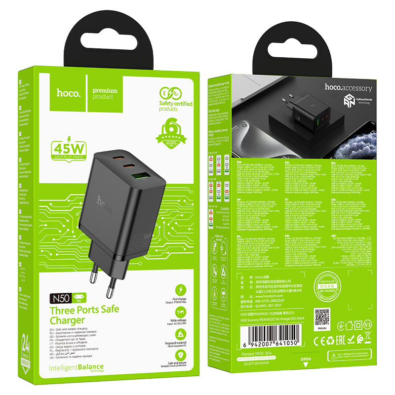 hoco n50 scenery pd45w 2c1a wall charger eu packaging black