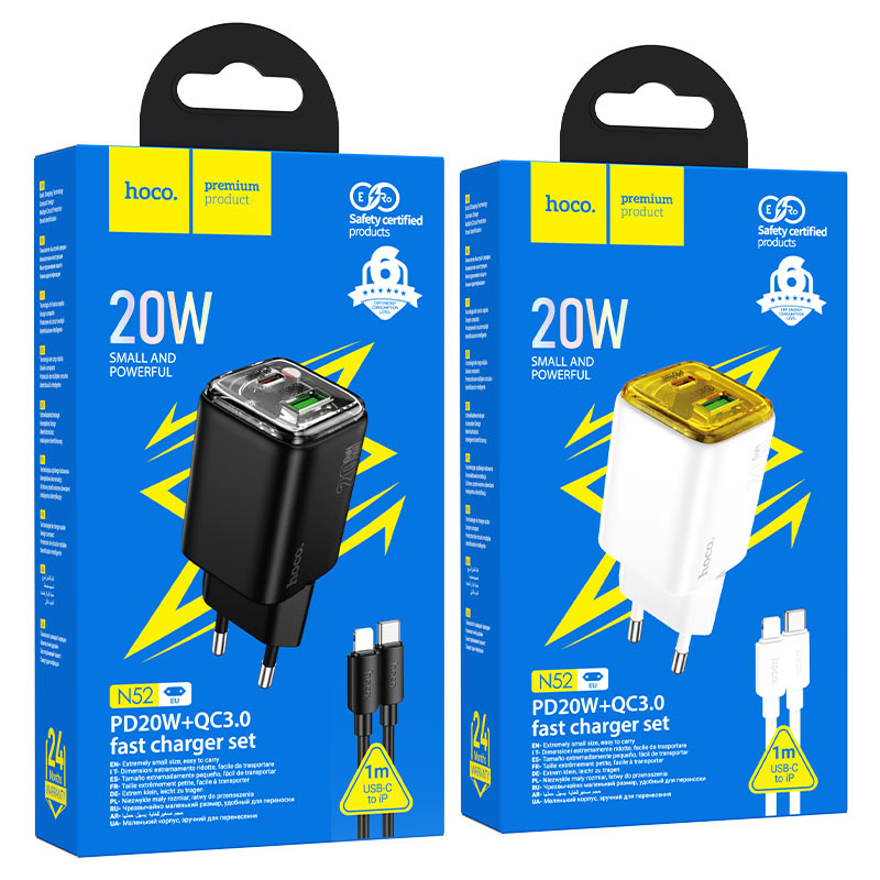 hoco n52 monsoon pd20w qc3 wall charger eu set usbc ltn packaging