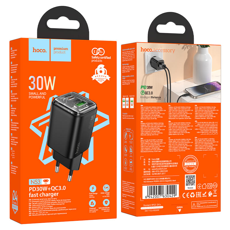 hoco n53 monsoon pd30w qc3 wall charger eu packaging black