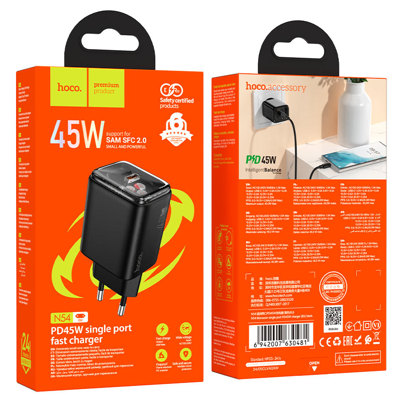 hoco n54 monsoon 1port pd45w wall charger eu packaging black