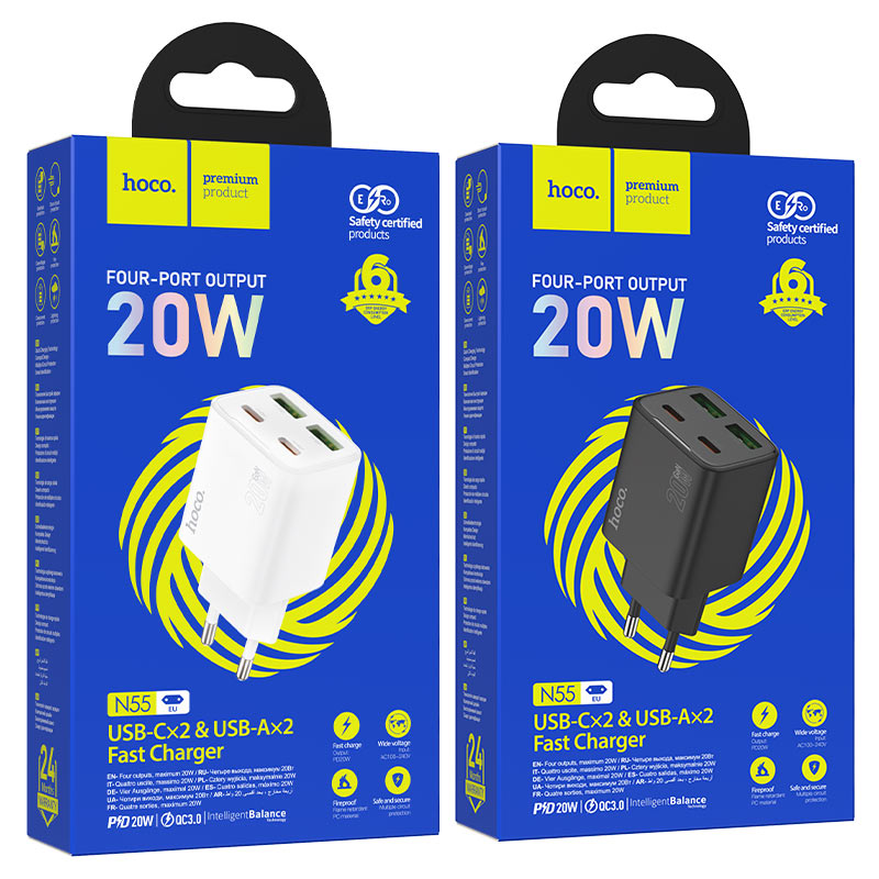 hoco n55 fundador 4ports 2c2a pd20w wall charger eu packaging