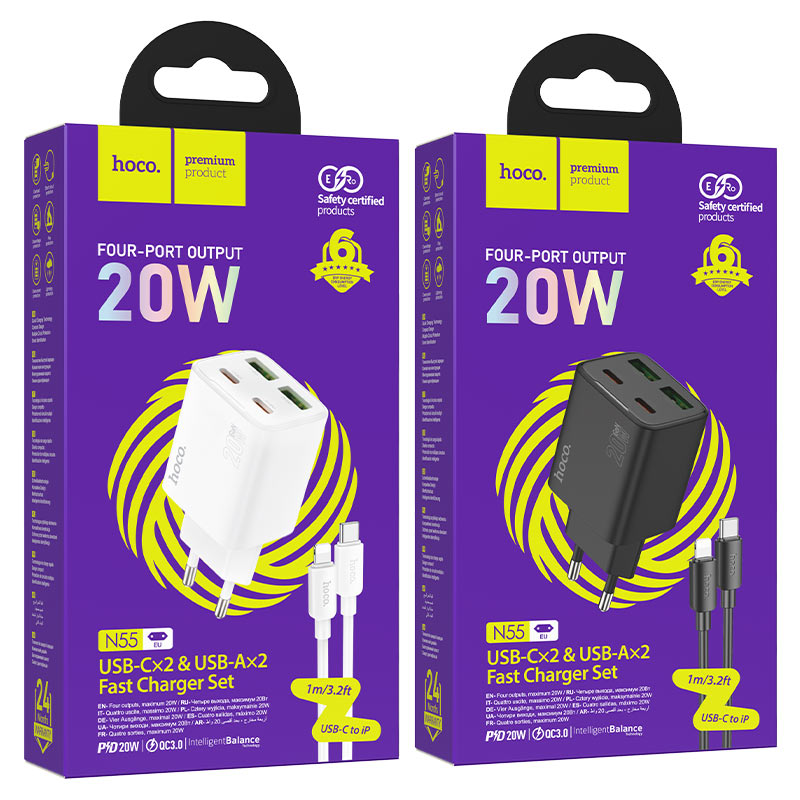 hoco n55 fundador 4ports 2c2a pd20w wall charger eu set usbc ltn packaging