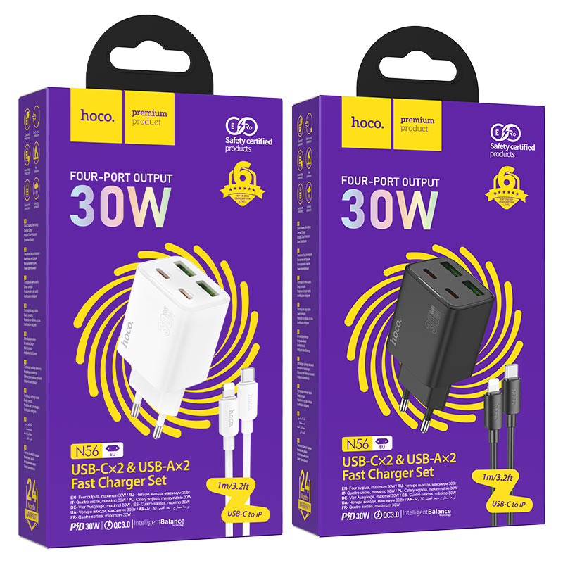 hoco n56 fundador 4ports 2c2a pd30w wall charger eu set usbc ltn packaging