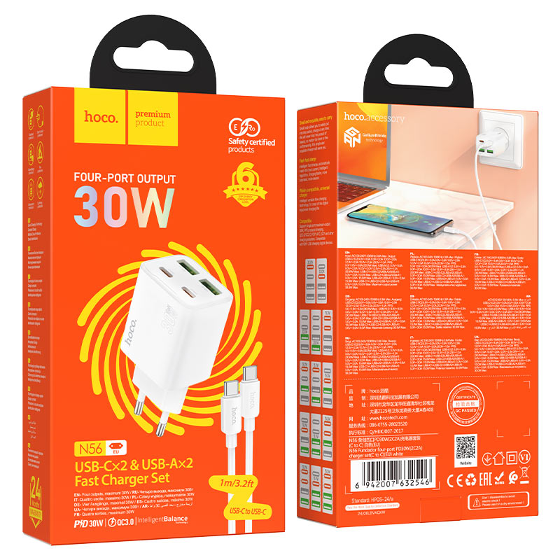 hoco n56 fundador 4ports 2c2a pd30w wall charger eu set usbc usbc packaging white