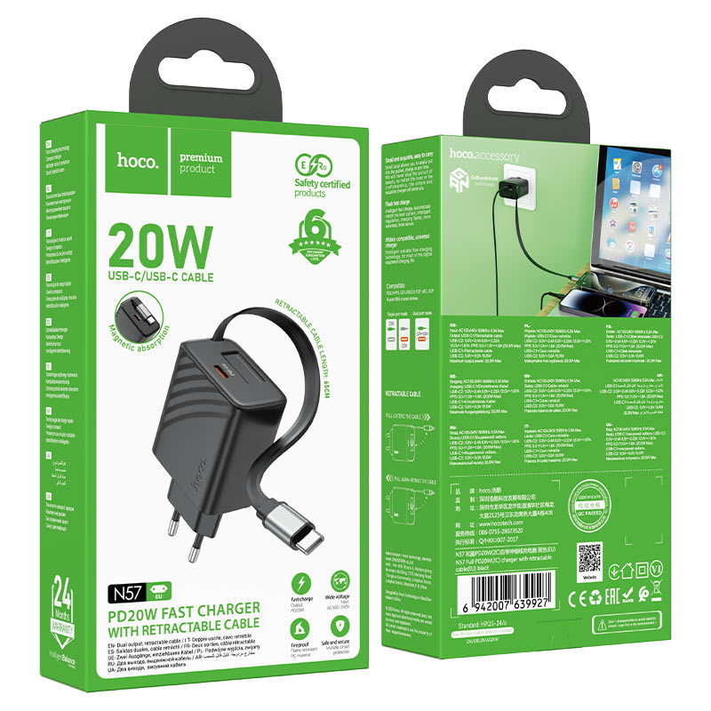 hoco n57 full pd20w usbc cable port wall charger eu packaging black