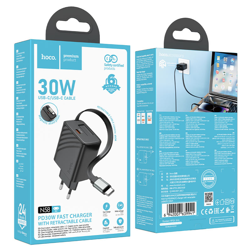 hoco n58 full pd30w usbc cable port wall charger eu packaging black