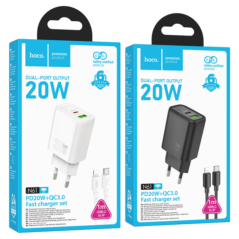 hoco n61 gentle pd20w qc3 wall charger eu set usbc ltn packaging