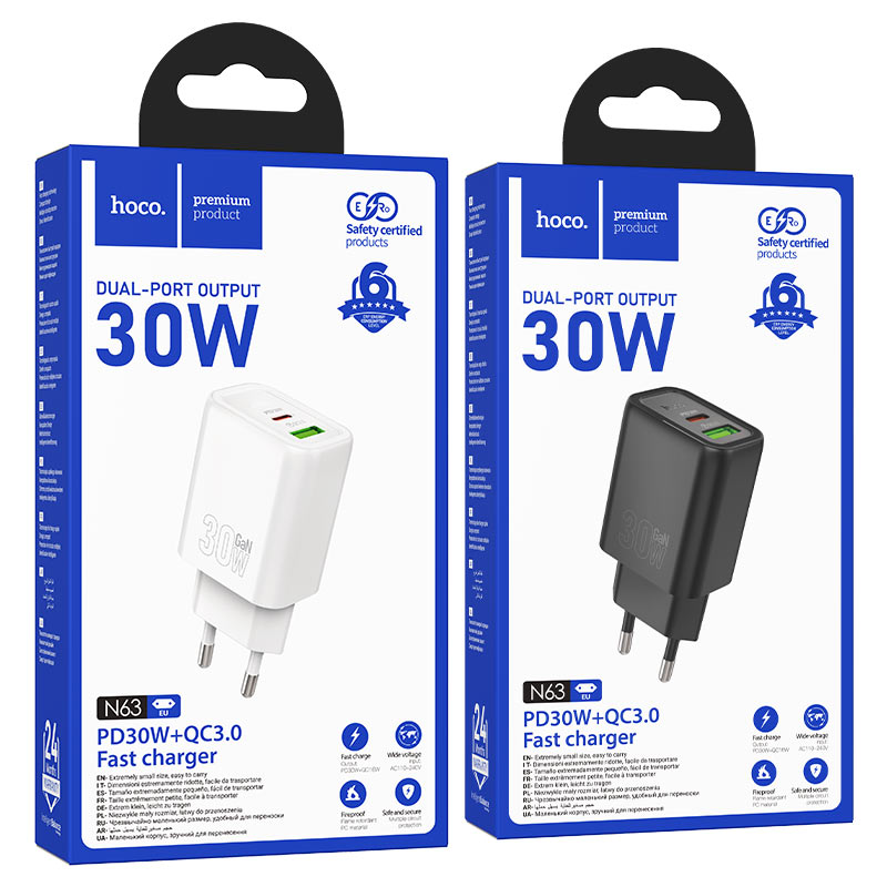 hoco n63 gentle pd30w qc3 wall charger eu packaging