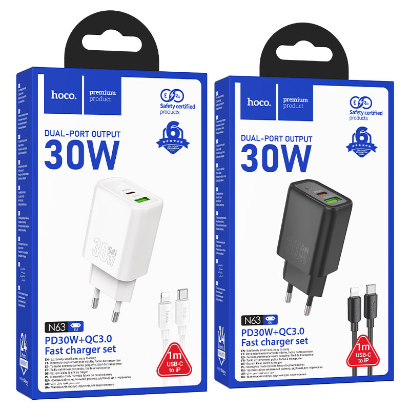 hoco n63 gentle pd30w qc3 wall charger eu set usbc ltn packaging