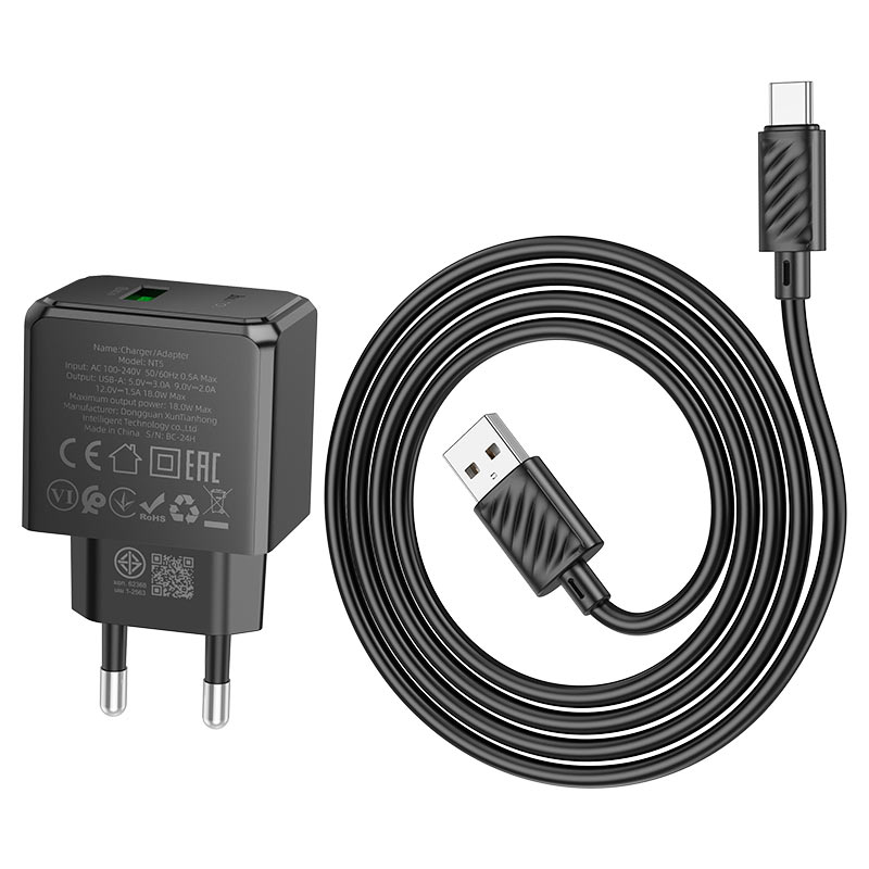 hoco nt5 superior 1port qc3 wall charger tha set usba usbc cable