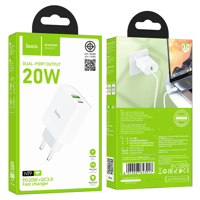 hoco nt9 maximus pd20w qc3 wall charger tha packaging