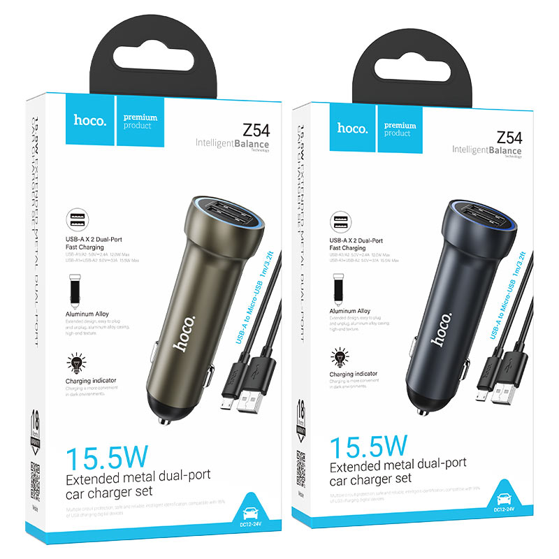 hoco z54 prosperous dual port car charger set usba musb packaging