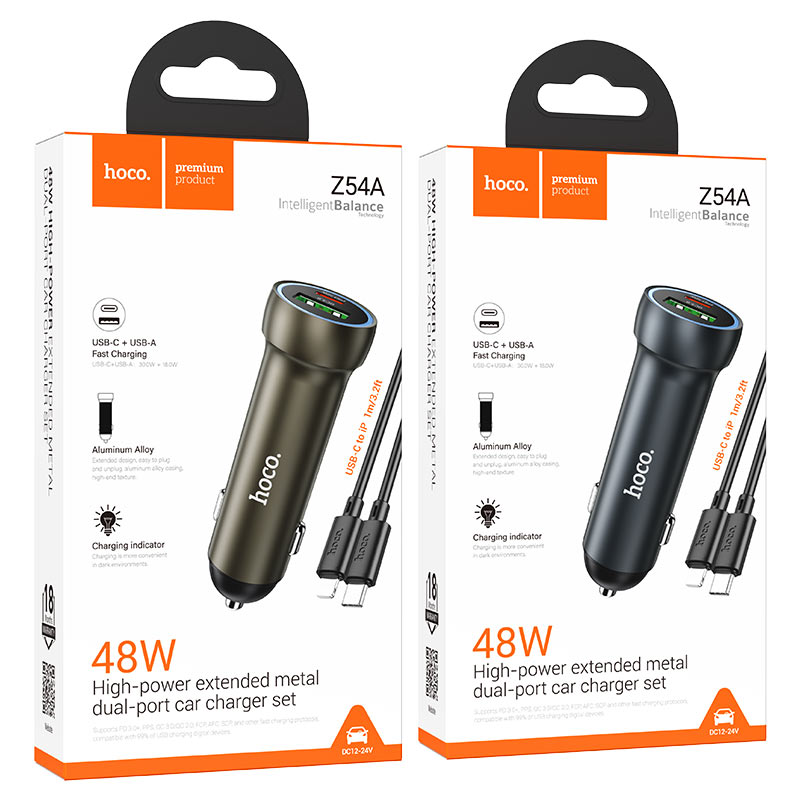 hoco z54a prosperous 48w dual port pd30w qc3 car charger set usbc ltn packaging
