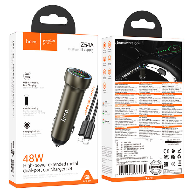 hoco z54a prosperous 48w dual port pd30w qc3 car charger set usbc usbc packaging gold