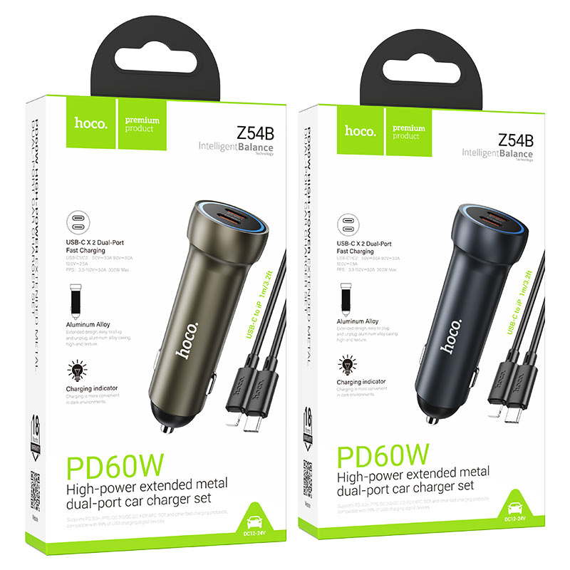 hoco z54b prosperous pd60w 2c car charger set usbc ltn packaging