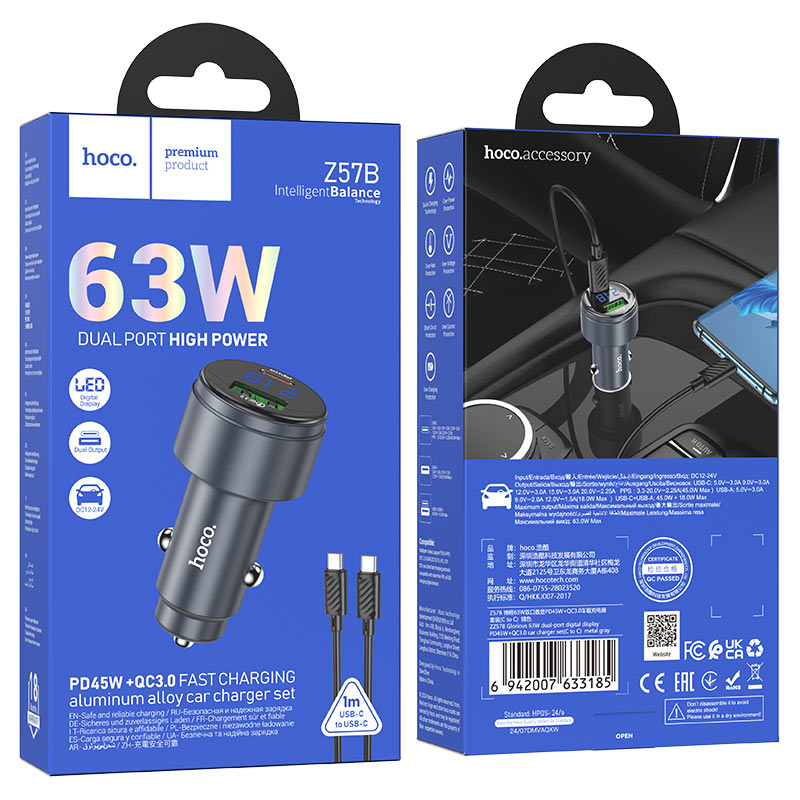 hoco z57b glorious 63w dual port pd45w qc3 car charger set usbc usbc packaging metal grey