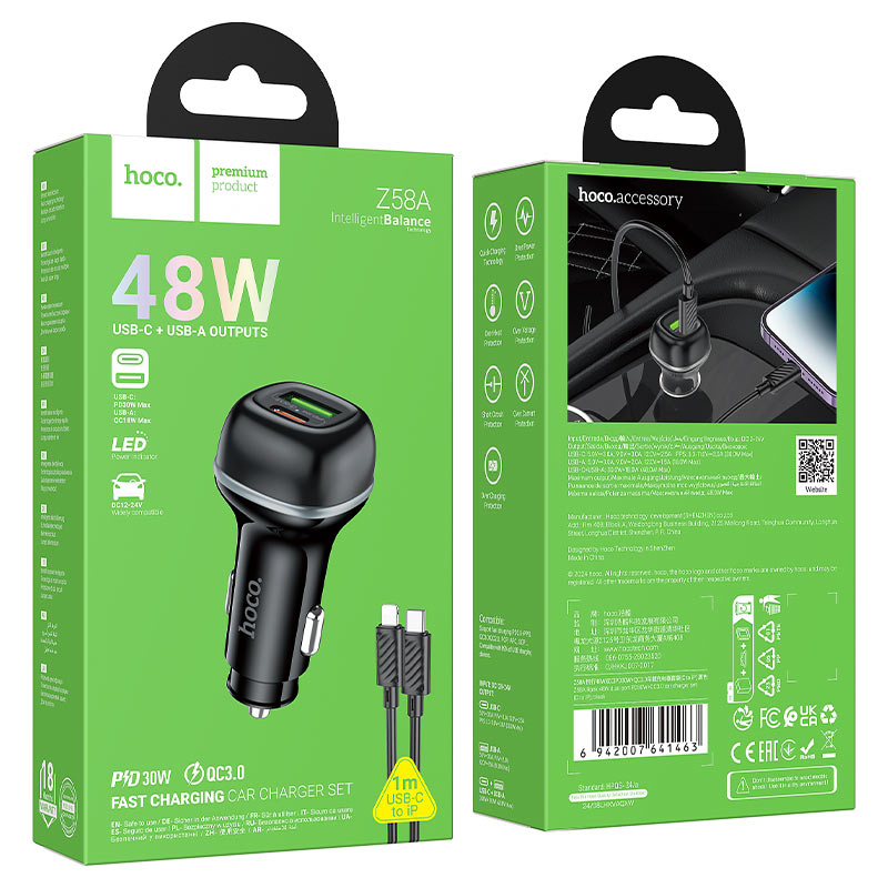 hoco z58a rank 48w dual port pd30w qc3 car charger set usbc ltn packaging
