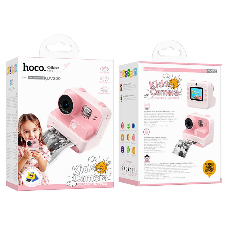hoco dv200 dual lens children printing camera packaging pink
