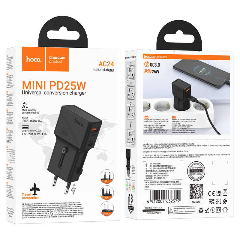 hoco ac24 mini pd25w qc3 universal travel charger packaging