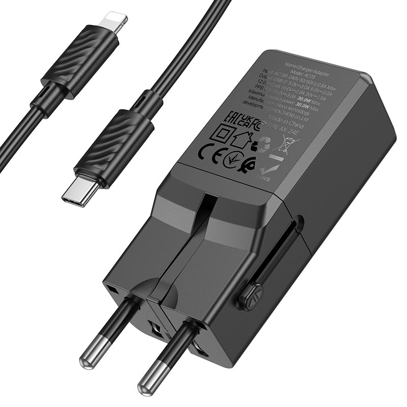 hoco ac25 mini single port pd30w universal travel charger set usbc ltn output