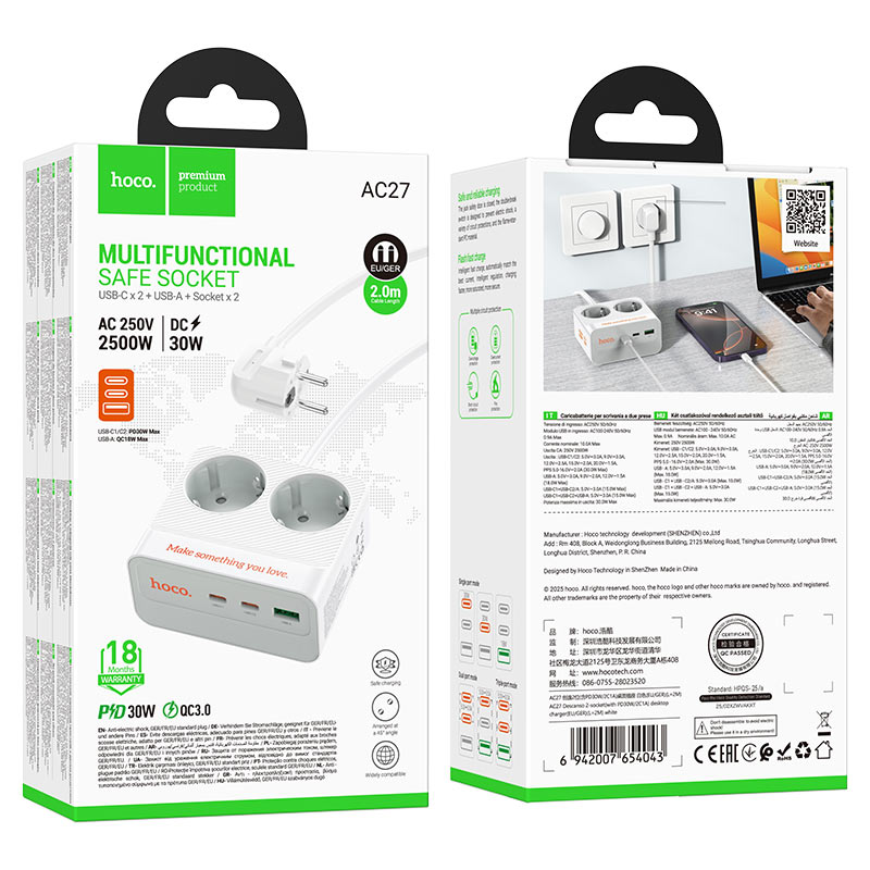 hoco ac27 descanso 2socket pd30w 2c1a power strip eu ger packaging white