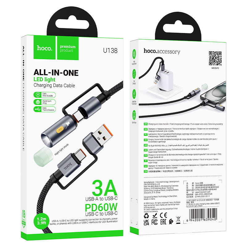 hoco u138 all in one charging data cable usba usbc to usbc led light packaging black