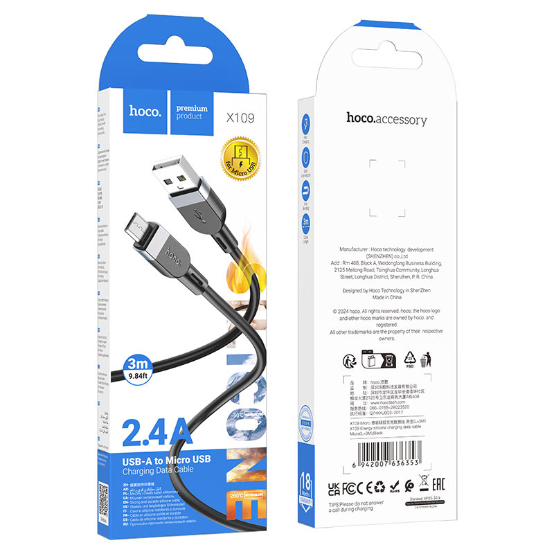 hoco x109 energy silicone charging data cable usba to musb packaging 3m